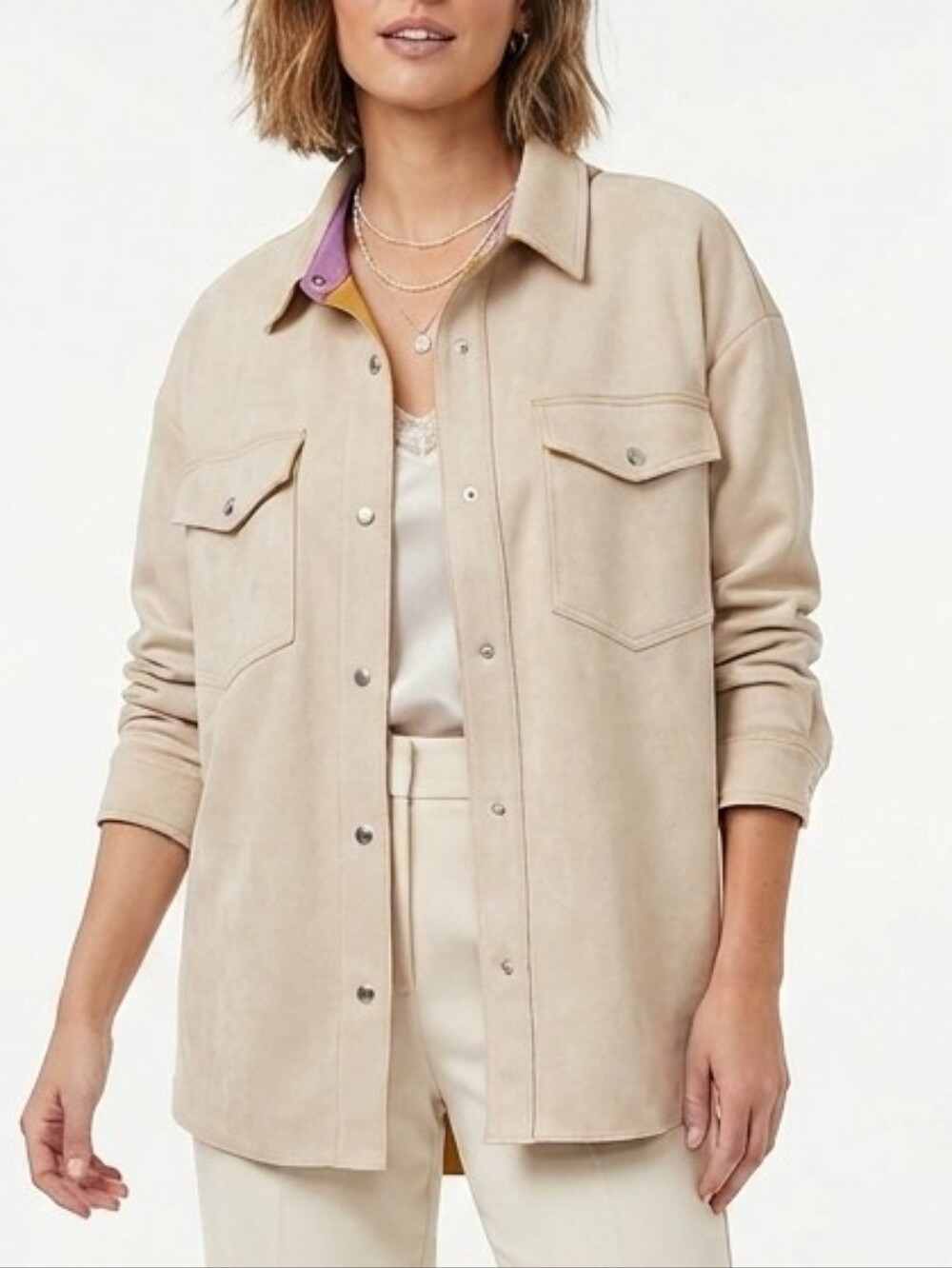 miami Beige Ultra Suede Snap Button-Up Shacket Medium
